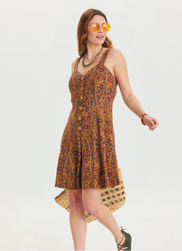 Thin Strap Button Detailed Short Mustard Ethnic Jumpsuit 4567